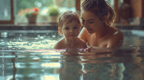 Mom with baby taking a bath photo