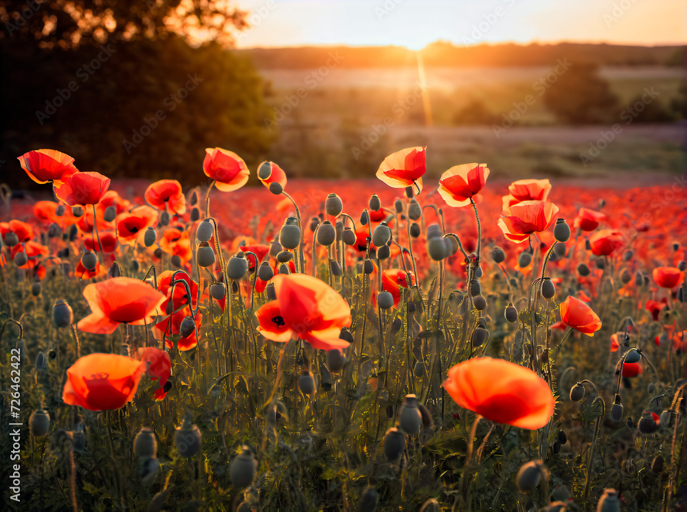 Obraz premium Poppies: The Bright and Delicate Flowers that Bloom in the Countryside and Create a Peaceful and Scenic Landscape at Sunset