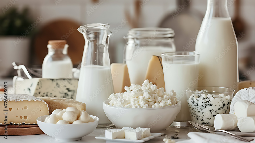 A variety of dairy products including yogurt, milk, and cheese arranged on a kitchen countertop. A variety of dairy products including yogurt, milk, and cheese arranged on a kitchen countertop.