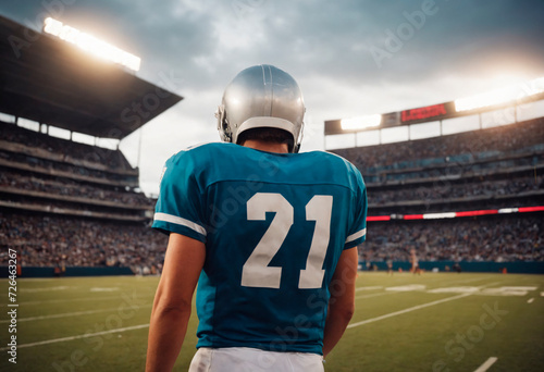 A football player stands confidently on the field of a bustling stadium, ready for the game ahead.