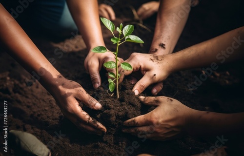 hands from a close-knit community come together to plant a young sapling, symbolizing collective growth, environmental stewardship, and the nurturing bond between people and nature.Generated image photo