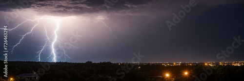 Lightning in the night sky over the city. Panorama