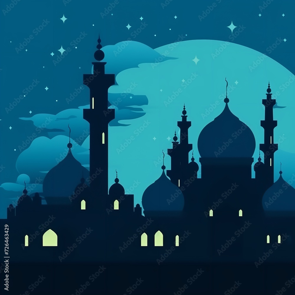 Flat design Ramadan Kareem background with mosque and moon.