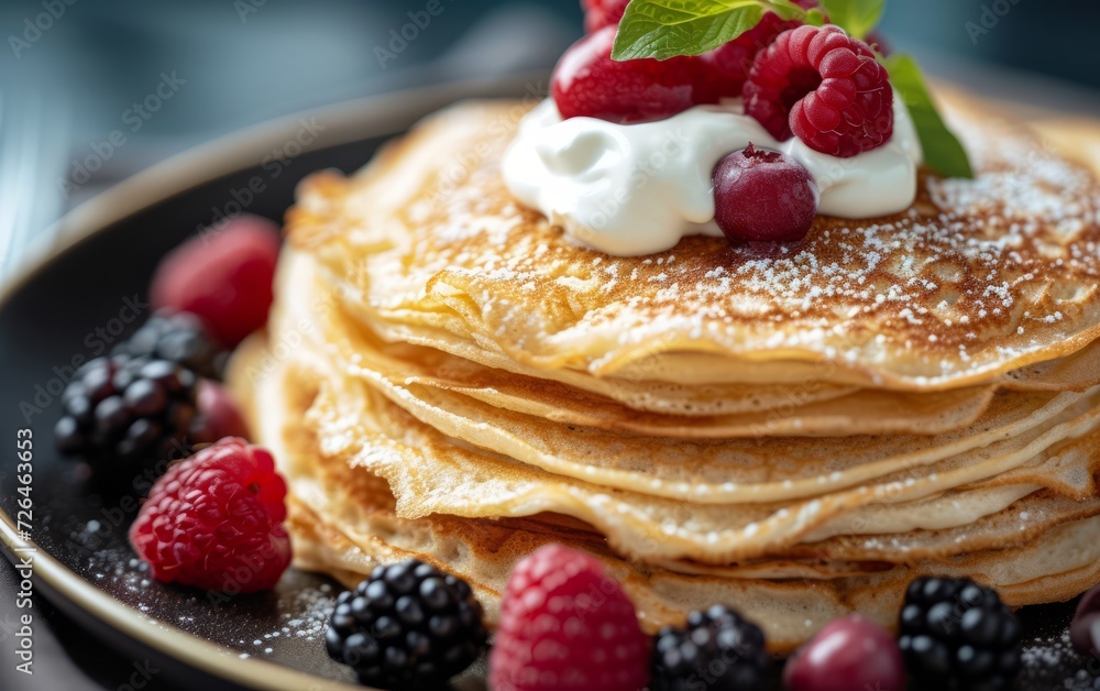 Traditional Russian Blini: A stack of thin, golden Russian blini served with a dollop of sour cream and a sprinkle of fresh berries Traditional Russian Blini: A stack of thin, golden Russian blini served with a dollop of sour cream and a sprinkle of fresh berries