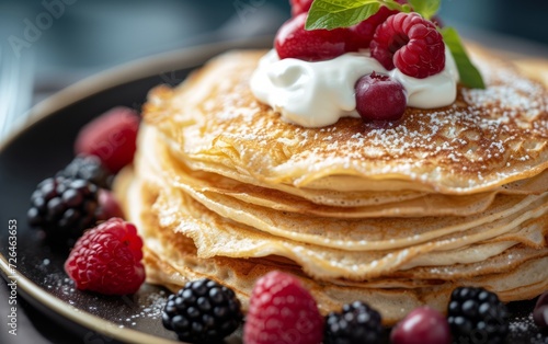 Traditional Russian Blini: A stack of thin, golden Russian blini served with a dollop of sour cream and a sprinkle of fresh berries