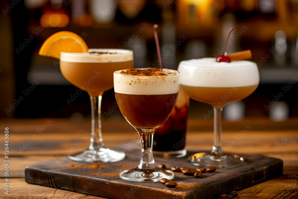 Trendy coffee drinks selection on rustic wooden board. Gourmet coffee cocktails with cinnamon stick and cherry. Coffee based cocktails with foam topping and elegant garnishes Trendy coffee drinks selection on rustic wooden board. Gourmet coffee cocktails with cinnamon stick and cherry. Coffee based cocktails with foam topping and elegant garnishes