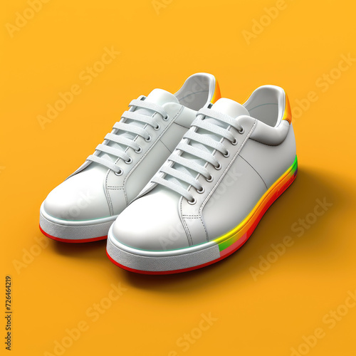 Blank White Sneakers with Colorful Soles on Yellow Background - Generative AI