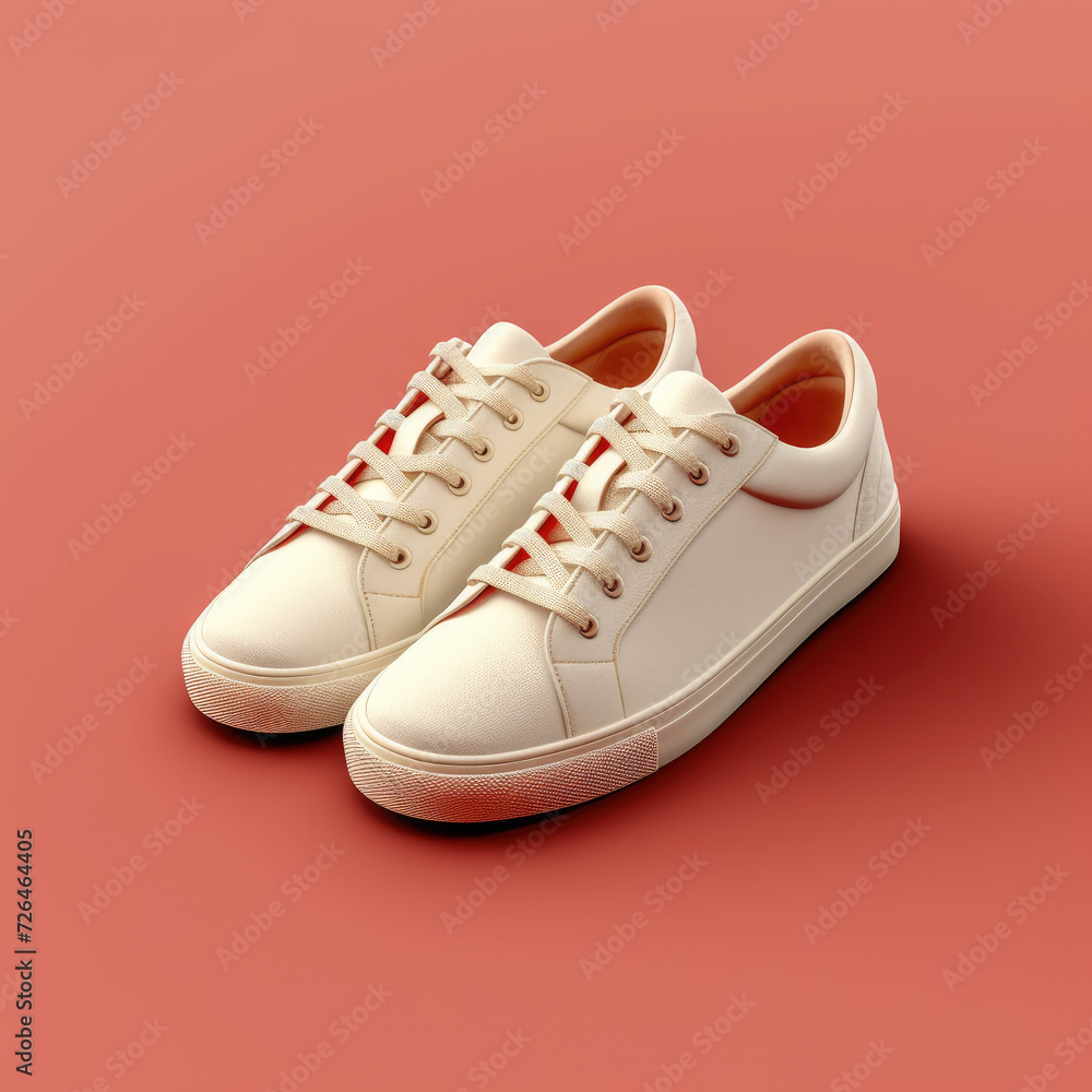 Classic Blank White Sneakers on Red Surface - Generative AI