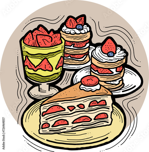 Sweet dessert cake with fruits for celebration birthday party or wedding, tasty breakfast. For cafe, restaurant menu print, postcard or poster. Hand drawn illustration. Cartoon style line art drawing.