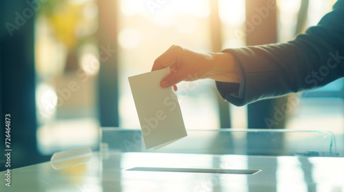 A voter places a ballot in a ballot box, blurred background in backlight, the importance and responsibility of participating in state elections