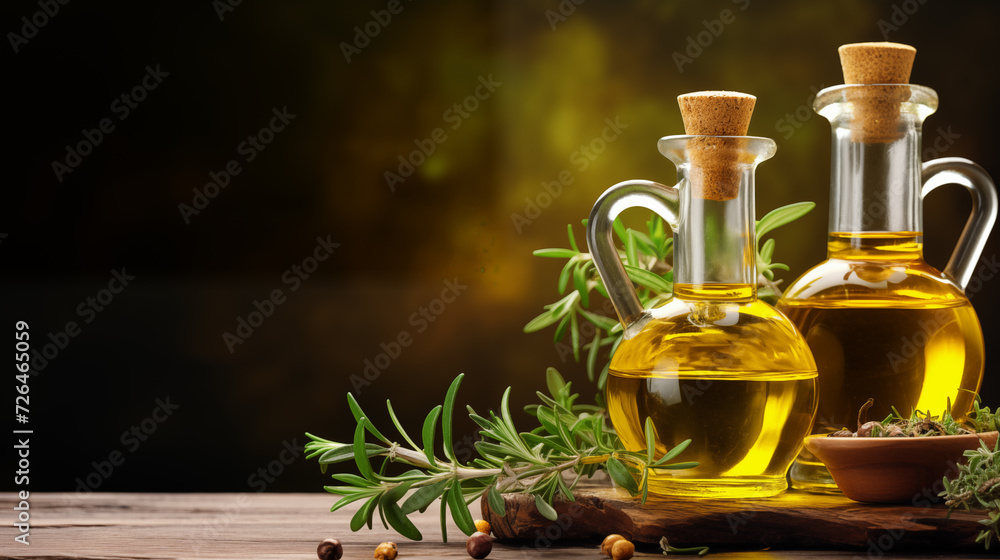 Golden olive oil and vinegar bottles with thyme and aromatic herbs leaves, Italian Mediterranean food menu commercial setup as studio shot wide banner poster with copyspace area Golden olive oil and vinegar bottles with thyme and aromatic herbs leaves, Italian Mediterranean food menu commercial setup as studio shot wide banner poster with copyspace area