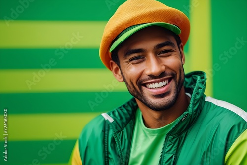 handsome man, smiling and laughing,. Bright solid green background. generative AI 
