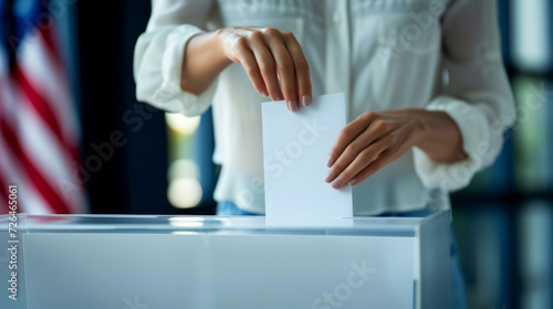Voting at a polling station, a woman in a white blouse puts a ballot into the voting box, the importance and responsibility of participating in state elections
