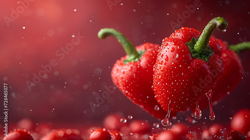 Ripe red peppers floating in mid-air against a vertical gradient backdrop
