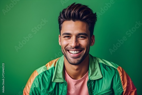 handsome man, smiling and laughing,. Bright solid green background. generative AI 
