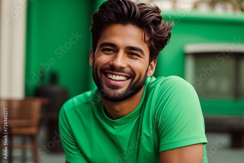 handsome man, smiling and laughing,. Bright solid green background. generative AI 
