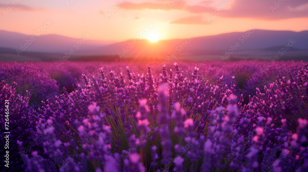 A field of lavender, with fragrant purple flowers as the background, during a Tuscan sunset - obrazy, fototapety, plakaty 