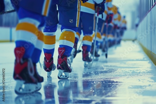 A group of hockey players are lined up on the ice. This image can be used to depict a hockey team or a competitive sports event