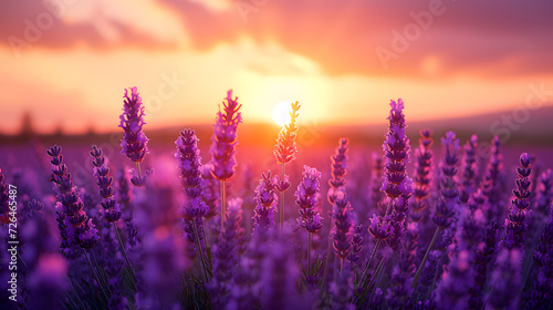 A field of lavender, with fragrant purple flowers as the background, during a Tuscan sunset