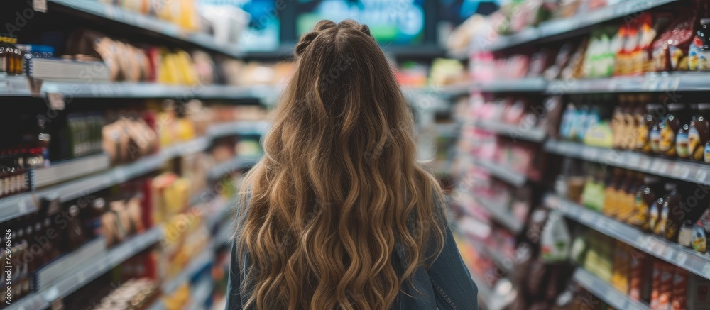 Long-haired woman selecting products at supermarket aisle.