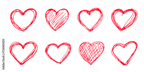 Hand drawn hearts set romantic decoration for Valentine Day.Symbol of love,relationships and romance for holiday February 14. Children's drawing,doodle freehand decoration.Isolated.Vector ilustration