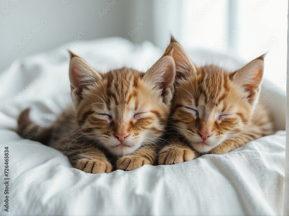 Cute kittens sleeping on plain white background from Generative AI