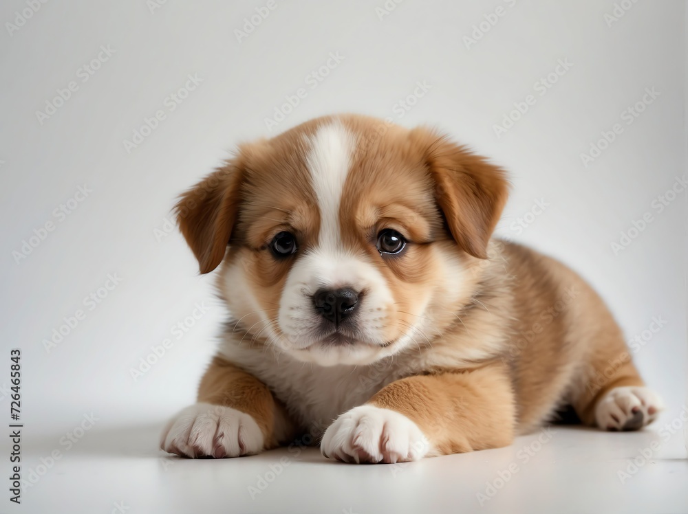 Cute chubby puppy on plain white background from Generative AI