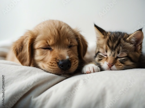 Cute kitten and puppy sleeping on plain white background from Generative AI © Arceli