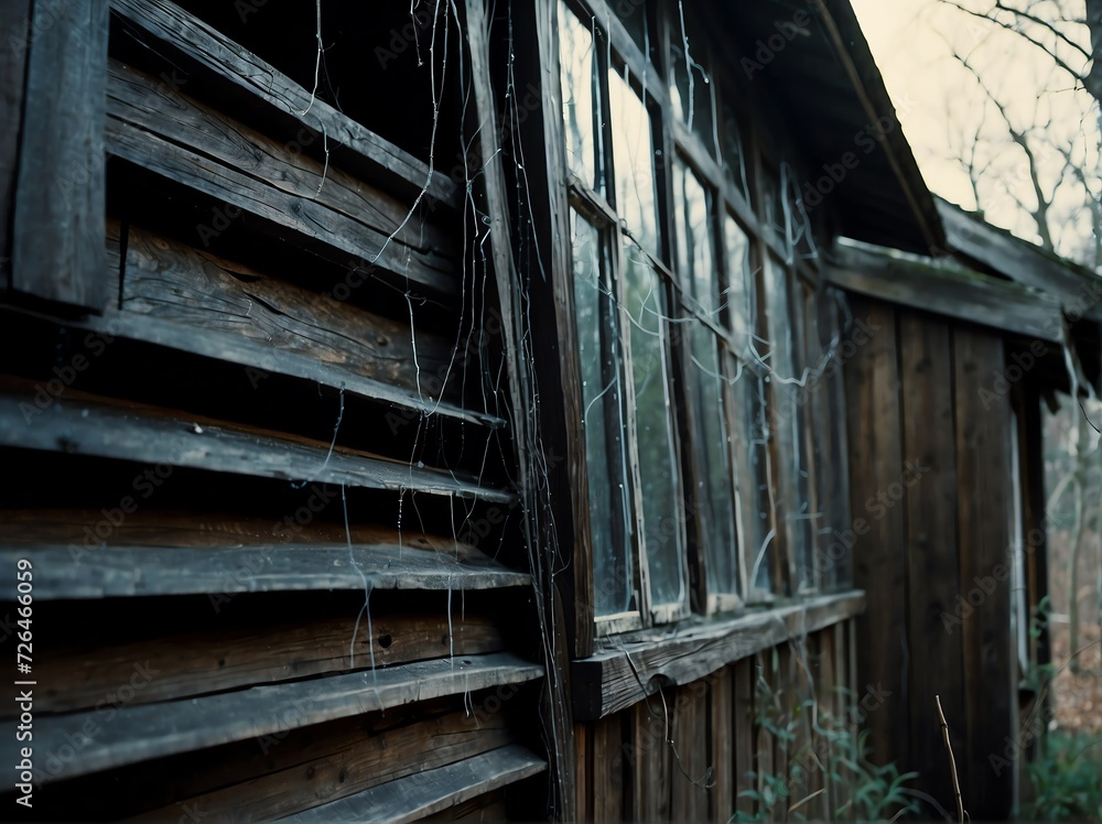 Close up of cobwebs on an abandoned scary house from Generative AI Close up of cobwebs on an abandoned scary house from Generative AI