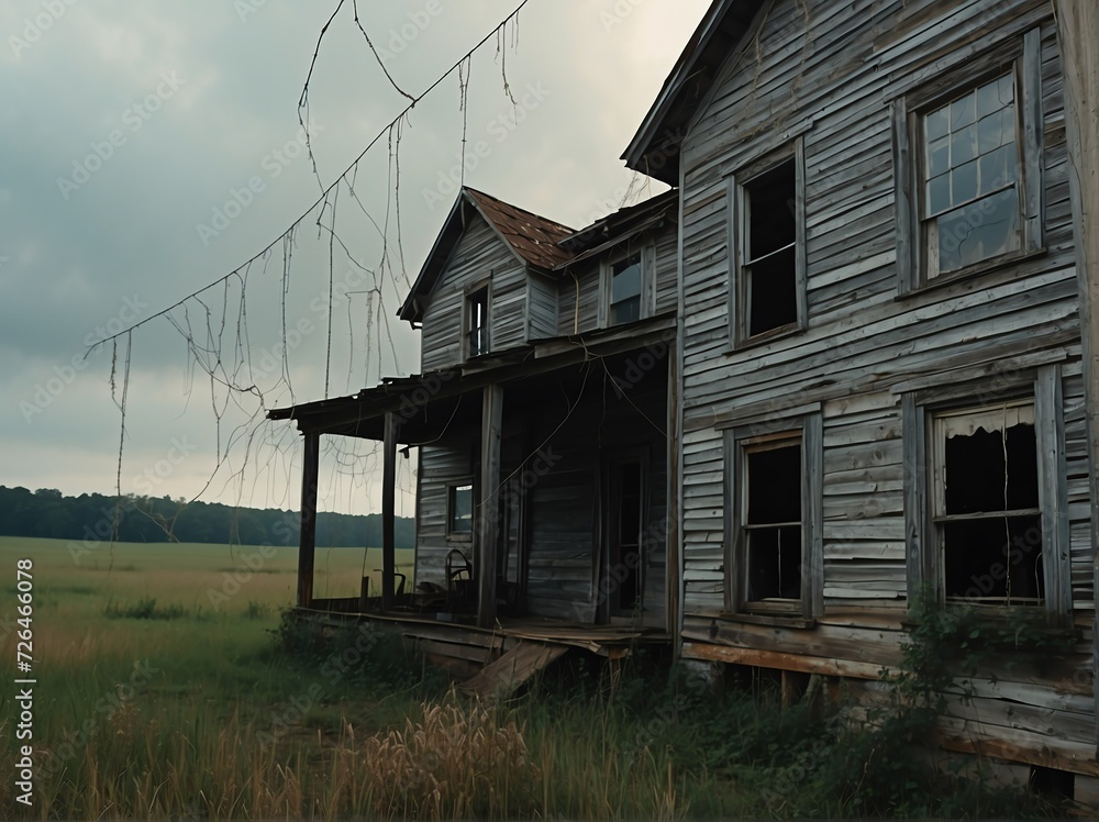 Cobwebs on an abandoned farm house from Generative AI