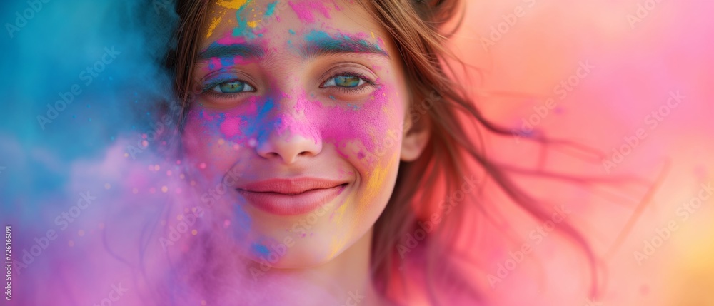 Portrait happy smiling young girl celebrating holi festival, colorful face, vibrant powder paint explosion