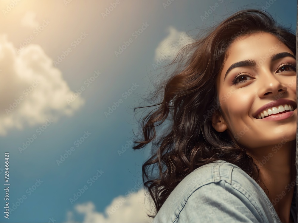 Beautiful happy smiling hispanic young woman looking up in the sky from Generative AI Beautiful happy smiling hispanic young woman looking up in the sky from Generative AI