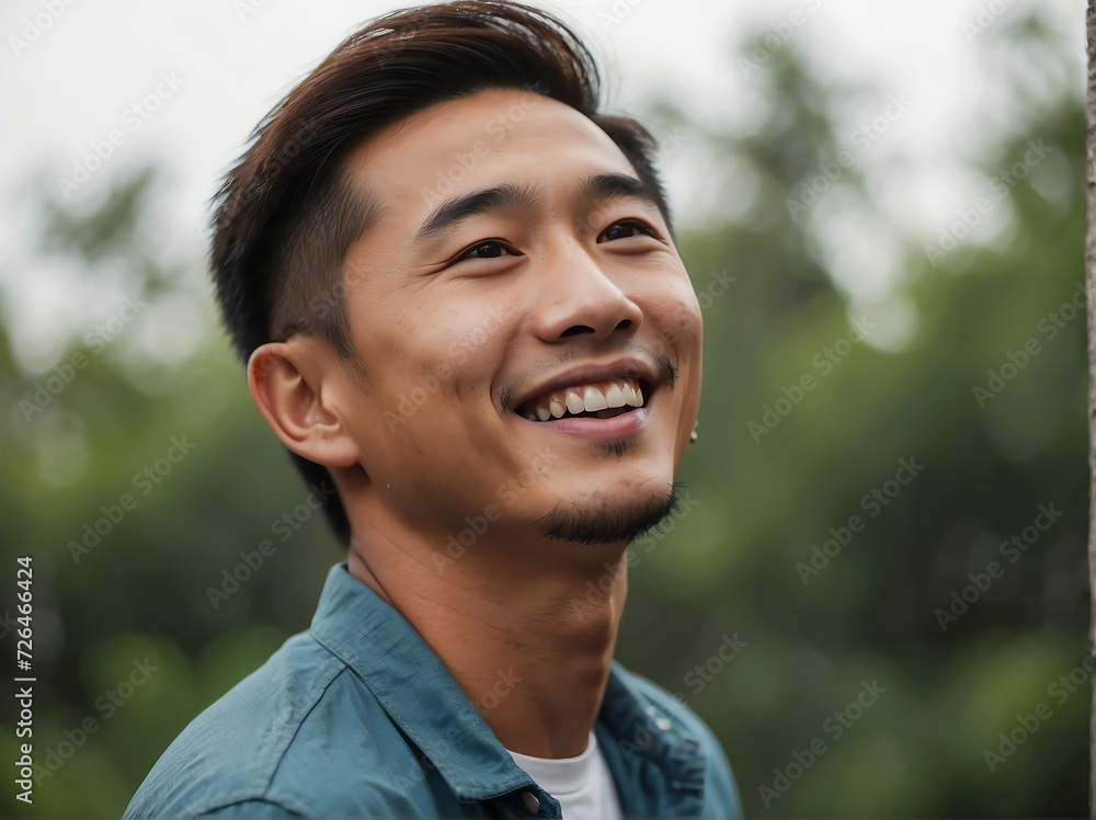 Beautiful happy smiling young asian man looking up in the sky from Generative AI Beautiful happy smiling young asian man looking up in the sky from Generative AI