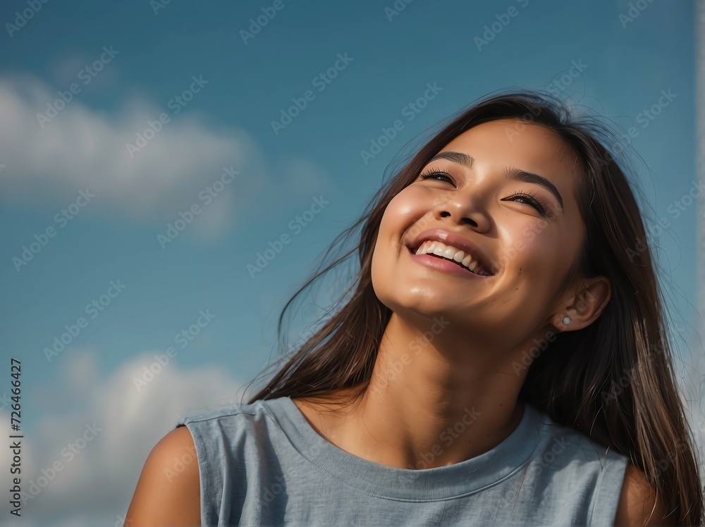 Beautiful happy smiling filipino young woman looking up in the sky from Generative AI