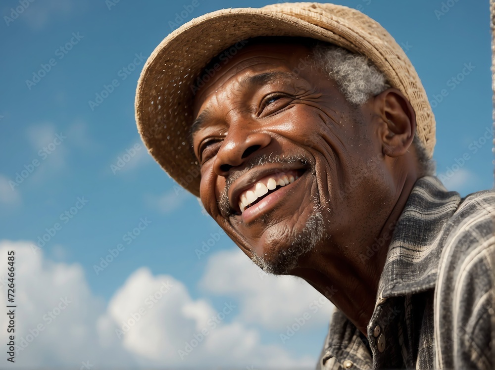 Beautiful happy smiling elderly black african man looking up in the sky from Generative AI Beautiful happy smiling elderly black african man looking up in the sky from Generative AI