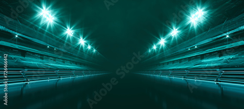 Empty futuristic racing track and illuminated stadium tribunes at night. Professional digital 3d illustration of racing sports.