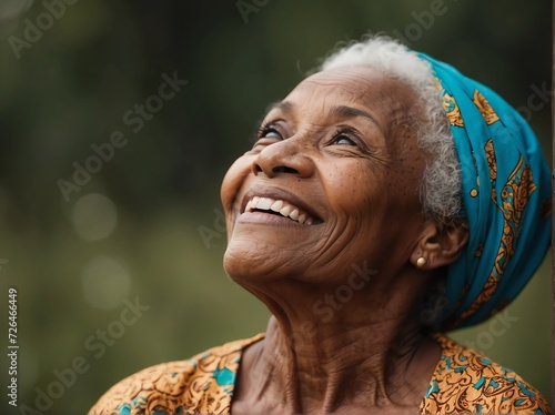Beautiful happy smiling elderly black african woman looking up in the sky from Generative AI