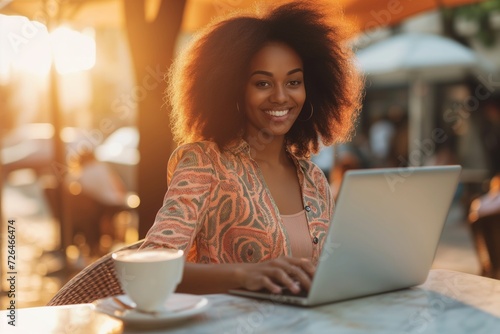 Beautiful black woman is sitting at the cafe with laptop, freelancer, remote work © Tymofii