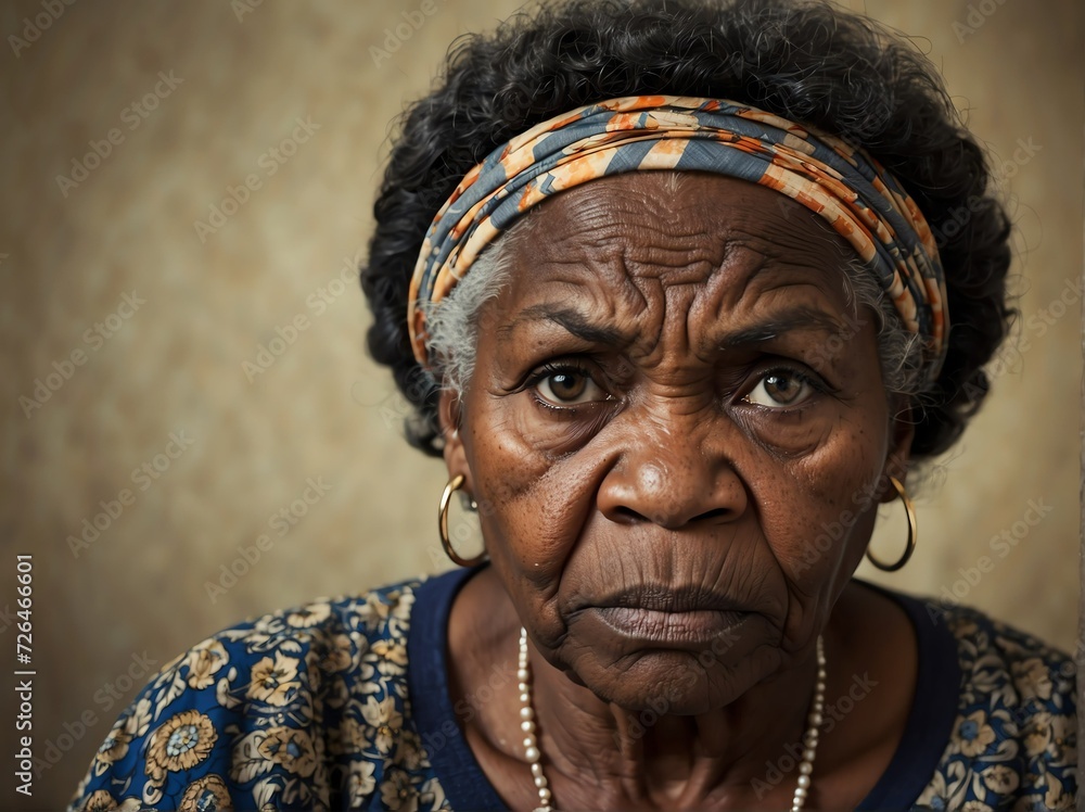 Angry grumpy senior elderly black african woman looking at the camera from Generative AI Angry grumpy senior elderly black african woman looking at the camera from Generative AI