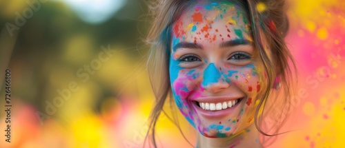 Portrait happy smiling young girl celebrating holi festival, colorful face, vibrant powder paint explosion © Tymofii