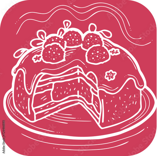 Sweet dessert cake with fruits for celebration birthday party or wedding, tasty breakfast. For cafe, restaurant menu print, postcard or poster. Hand drawn illustration. Cartoon style line art drawing.