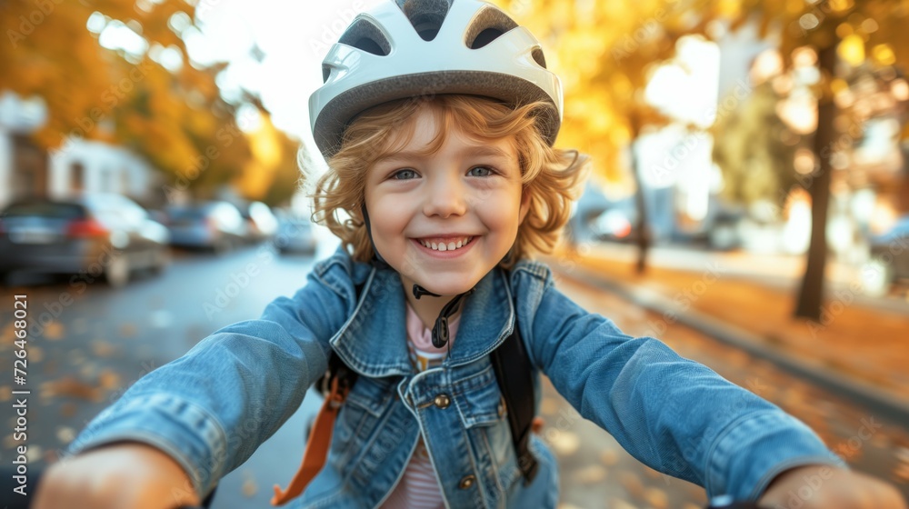 A young boy wearing a bike helmet and backpack is smiling while riding a bike down a tree-lined street, generative ai A young boy wearing a bike helmet and backpack is smiling while riding a bike down a tree-lined street, generative ai