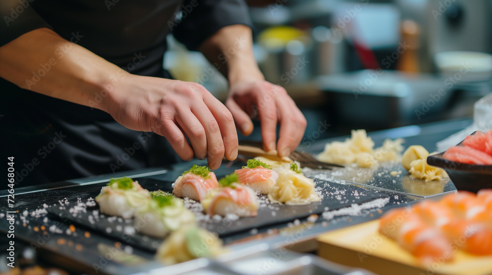 Sushi chef prepares sushi, rolls. High quality photo