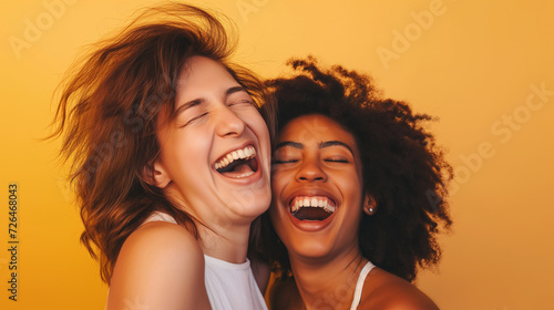 Duas mulheres jovens rindo juntas isoladas no fundo amarelo photo