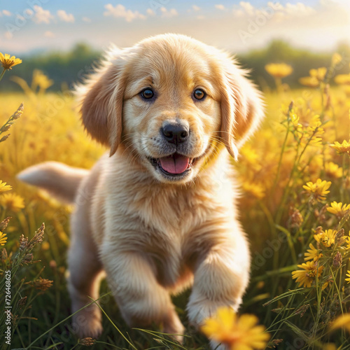 golden retriever puppy on grass, generative AI