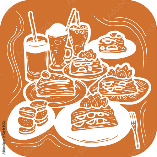 Sweet dessert cake with fruits for celebration birthday party or wedding, tasty breakfast. For cafe, restaurant menu print, postcard or poster. Hand drawn illustration. Cartoon style line art drawing.