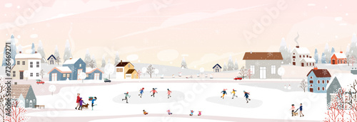 Christmas Background,Winter landscape in city with family celebration at night on Christmas eve holiday,Vector Village with house happy people playing ice skates in nature park,Cute cartoon for card