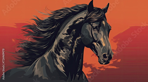 Abstract Portrait of a Black Horse on a Red and Orange Background - Generative AI