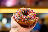 Hand Holding Caramel Donut with Candy Sprinkles in Front of Blurred Background - Generative AI