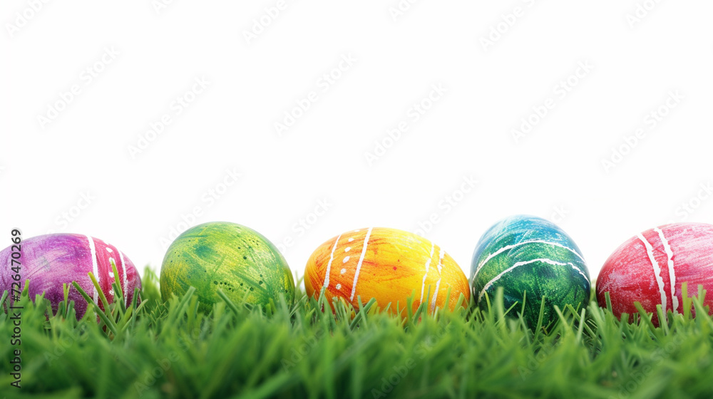 Colourful Easter eggs on green fresh grass on white background. Easter background with space for text Colourful Easter eggs on green fresh grass on white background. Easter background with space for text